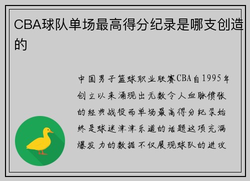 CBA球队单场最高得分纪录是哪支创造的