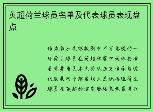 英超荷兰球员名单及代表球员表现盘点